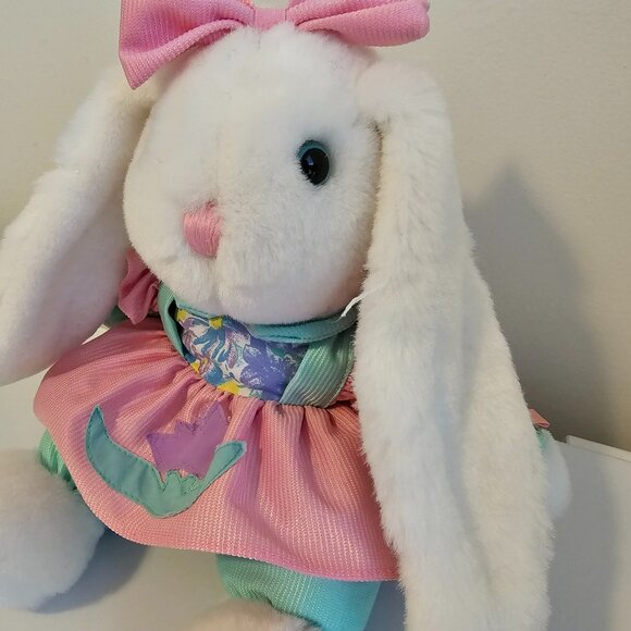 Main Joy Limited Bunny Rabbit Plush Stuffed Animal White Pink Teal Floral Vtg - Picture 4 of 10